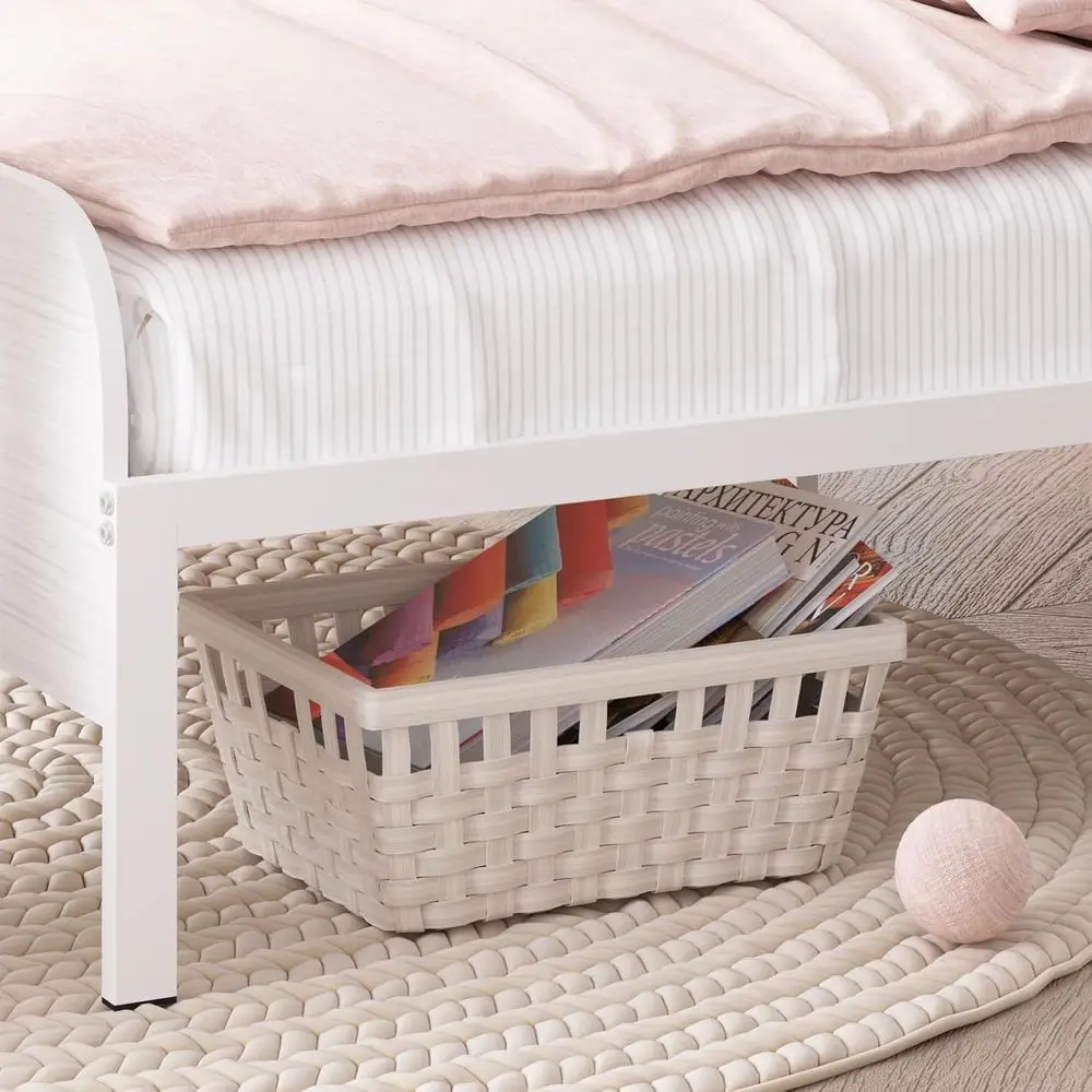 책장 헤드보드가 있는 흰색 트윈 금속 침대 프레임, 어린이, 청소년, 성인을 위한 덮개를 씌운 침대, 박스 스프링 필요 없음