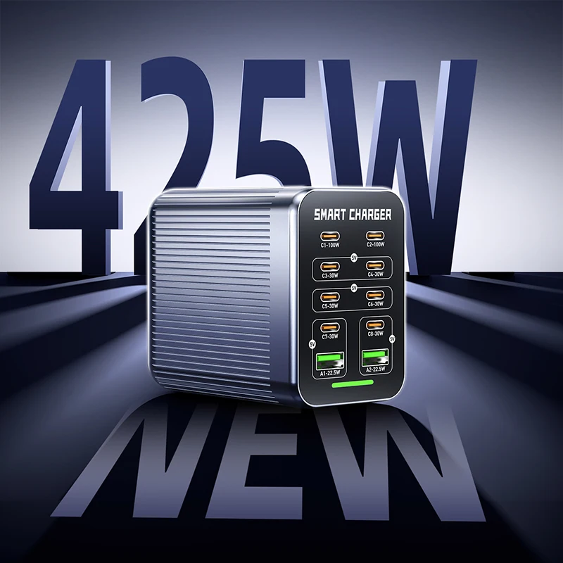 

Настольное зарядное устройство GaN мощностью 425 Вт с многопортовым сверхбыстрым протоколом зарядки 8C2A подходит для зарядки ноутбуков, планшетных телефонов