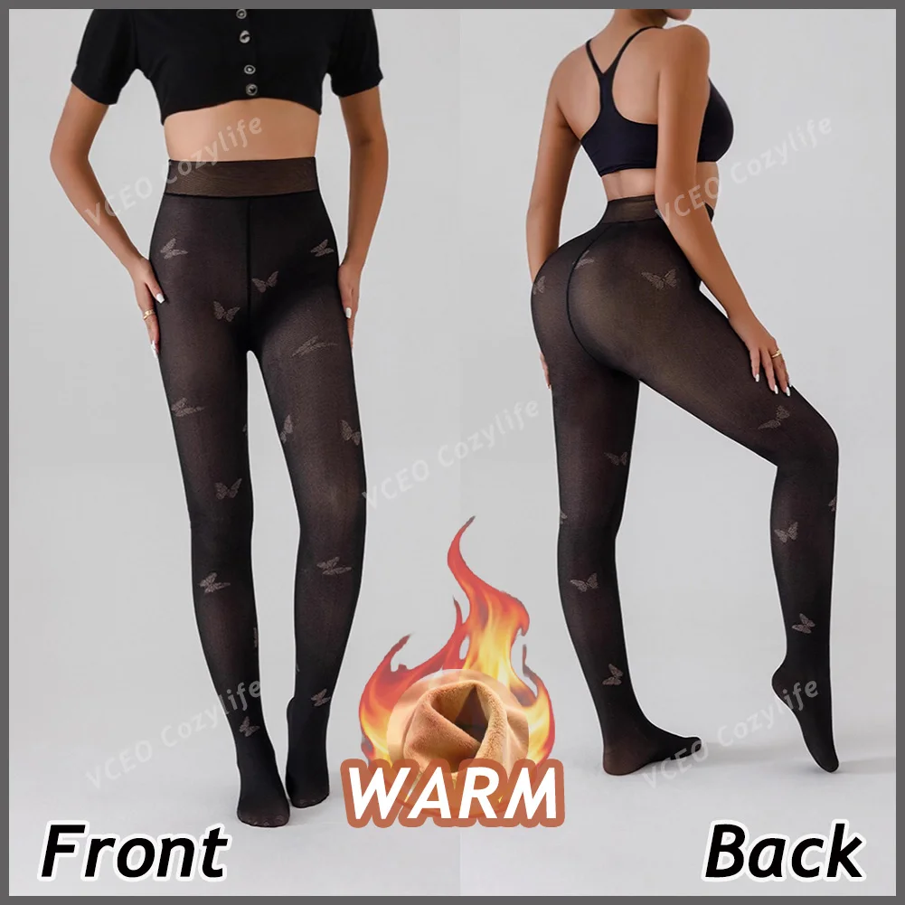 Doorzichtige zwarte panty's Been Afslankend effect Thermisch gevoerde dikke damespanty's Winter Dames Fleece panty's Vlinderpatroon Kous