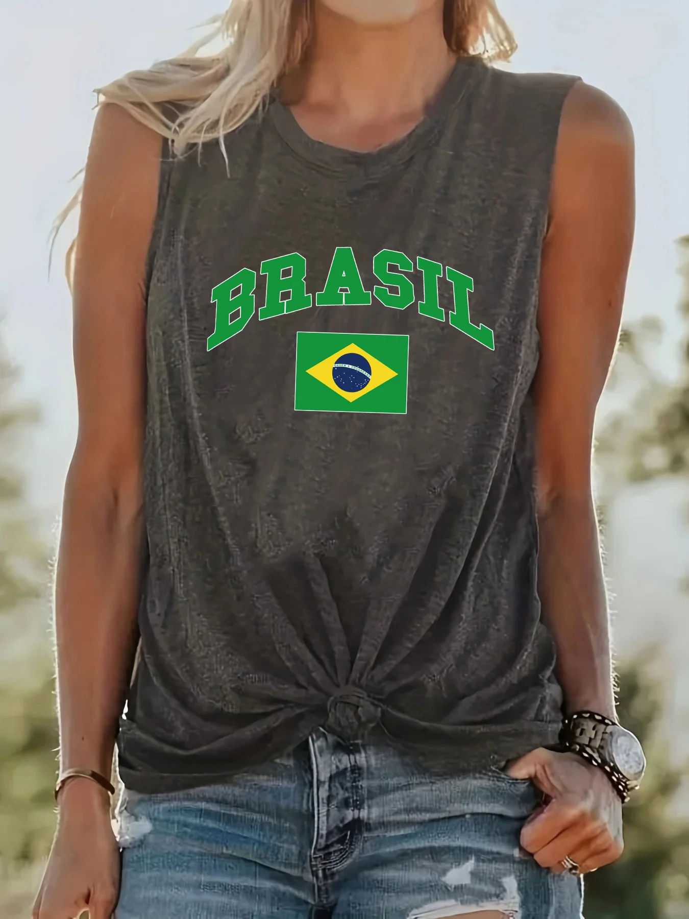 Women\'s Summer BRASIL Pattern Print Large Casual Round Neck Sleeveless Loose Tank Top T-shirt