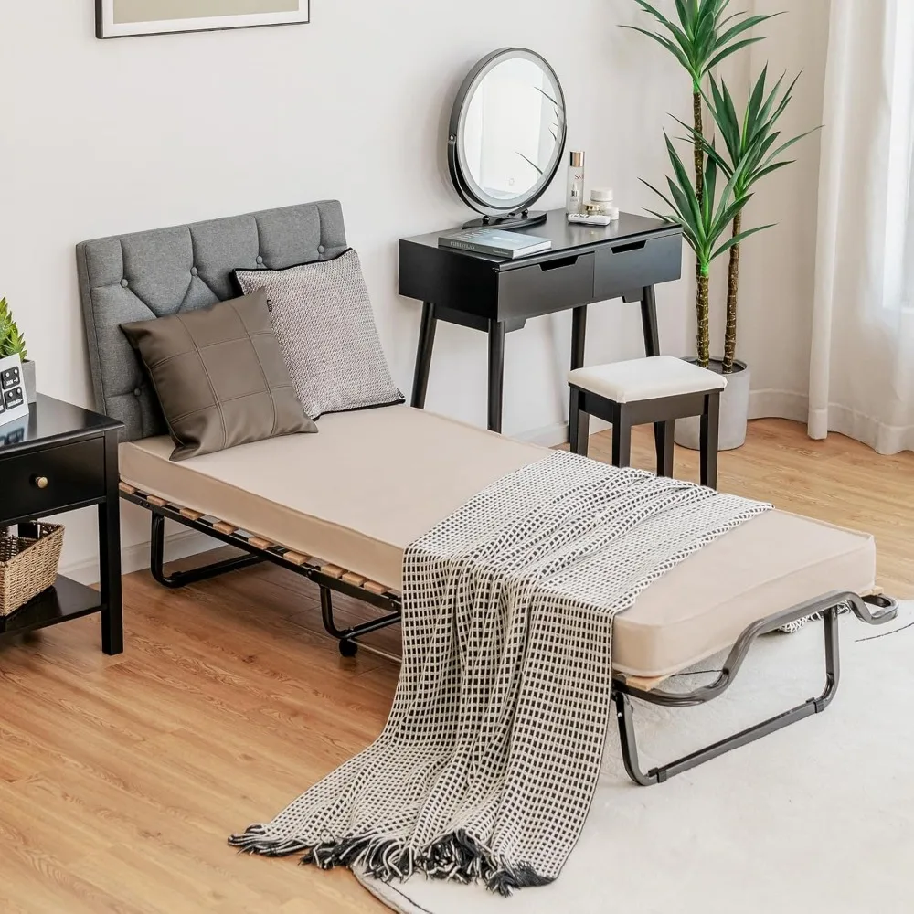 سرير قابل للطي مع مرتبة إسفنجية الذاكرة، سرير ضيوف صغير الحجم بإطار معدني قوي، 4 عجلات، أغطية، سرير قابل للطي، Por #2
