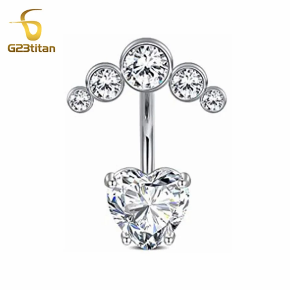 G23Titan Silver Color Zircon Circular Heart Belly Button Rings 6-16mm 14G Surgical Titanium Barbell Navel Piercing Women Jewelry