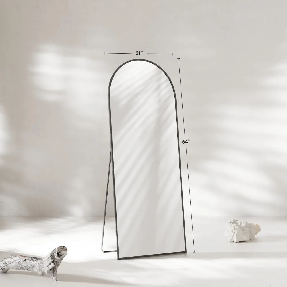 Großer bodenstehender gewölbter Spiegel, 64 x 21 schwarzes gehärtetes Glas, an der Wand montierbar, körperlange Spiegel mit Aluminiumständer