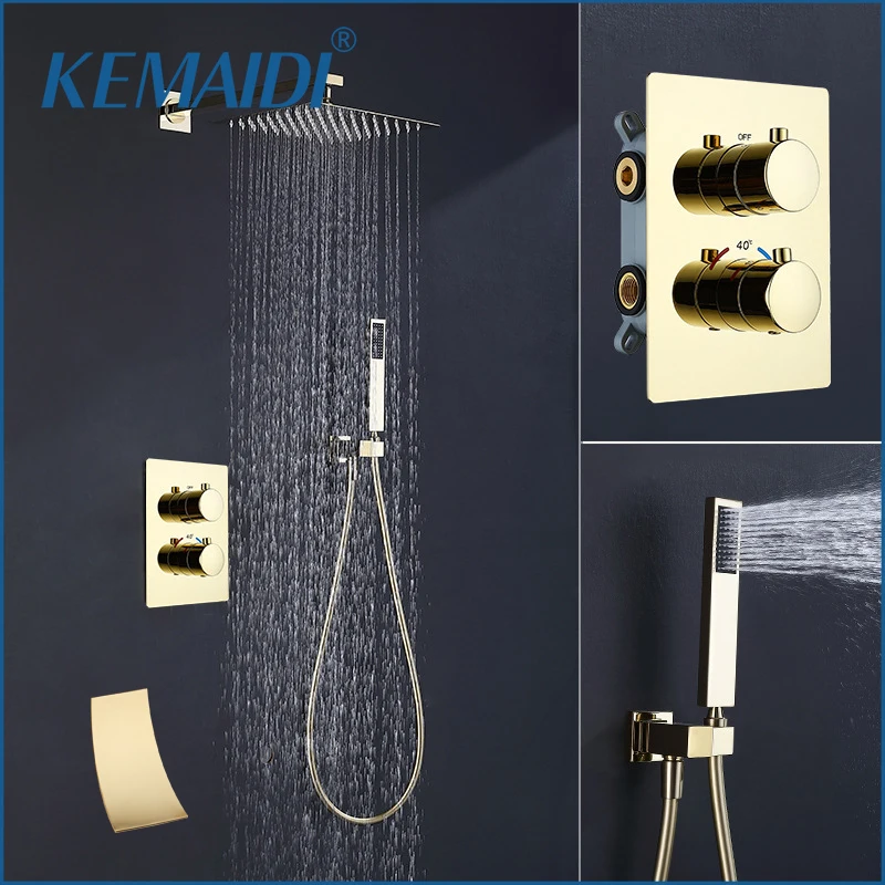 

KEMAIDI Bathroom Brass Thermostatic Rainfall Shower Faucet Set Gold Concealed Shower System Waterfall Tub Spout Mixer Tap Wall