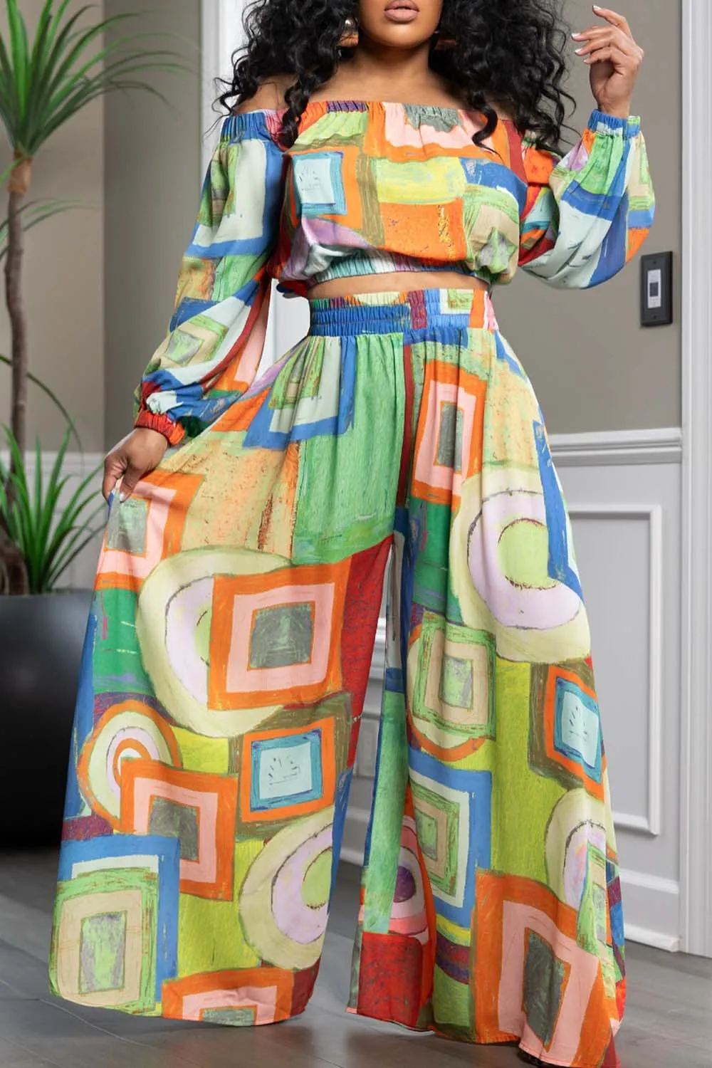 

Women's Plus Size Two Piece Set Vacation Multicolor Geometric Off The Shoulder Long Sleeve Wide Leg Casual Elegant Matching Set