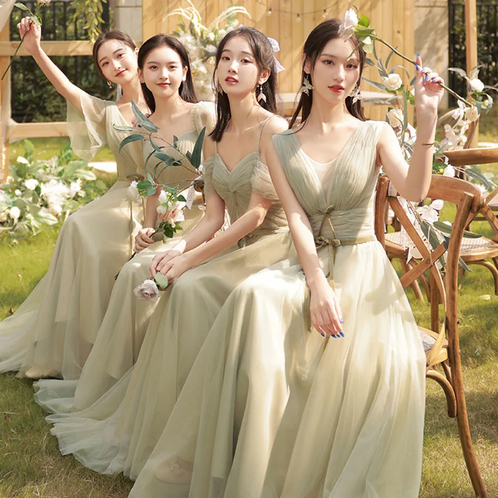 4 Styles Elegant Light Green Bridesmaid Dresses Women's Tulle Wedding Party Ankle-Length A-Line Banquet Gowns Lace Up Vestido