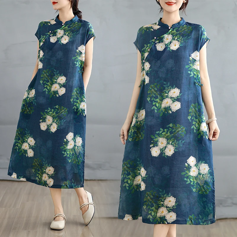 

Summer Women's Cotton Linen Long Svel Dr Mid-Length Gauzy Print High Waist Traditional Chinese Sle T Dr