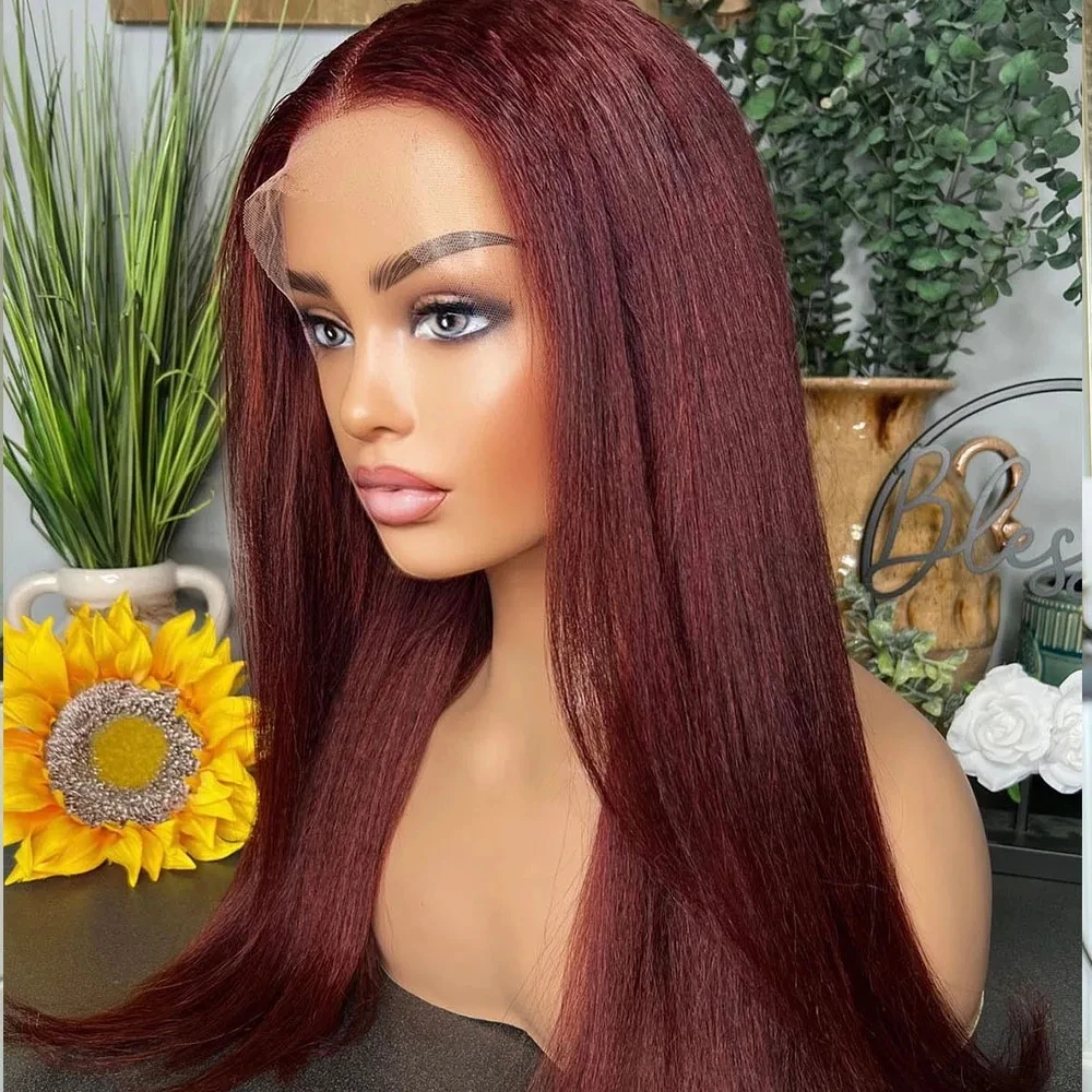 

Yaki Kinky Straight Burgundy 99J Red Synthetic Lace Front Wig For Black Women Baby Hair Soft Glueless Preplucked Heat Resistant