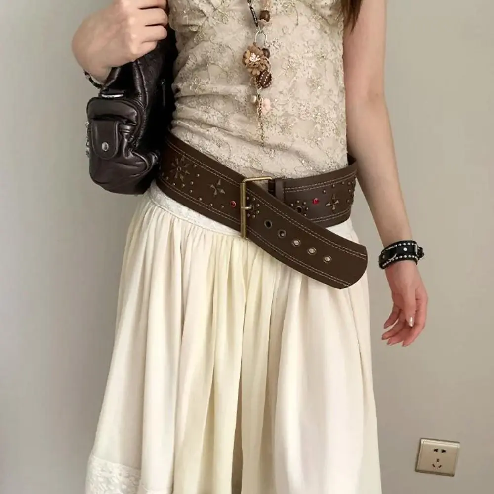 ريترو خمر المرأة برشام حزام القوطية Y2k حزام خصر من الجلد الثقيلة فستان فاسق حزام البنطال الجينز الشارع الشهير