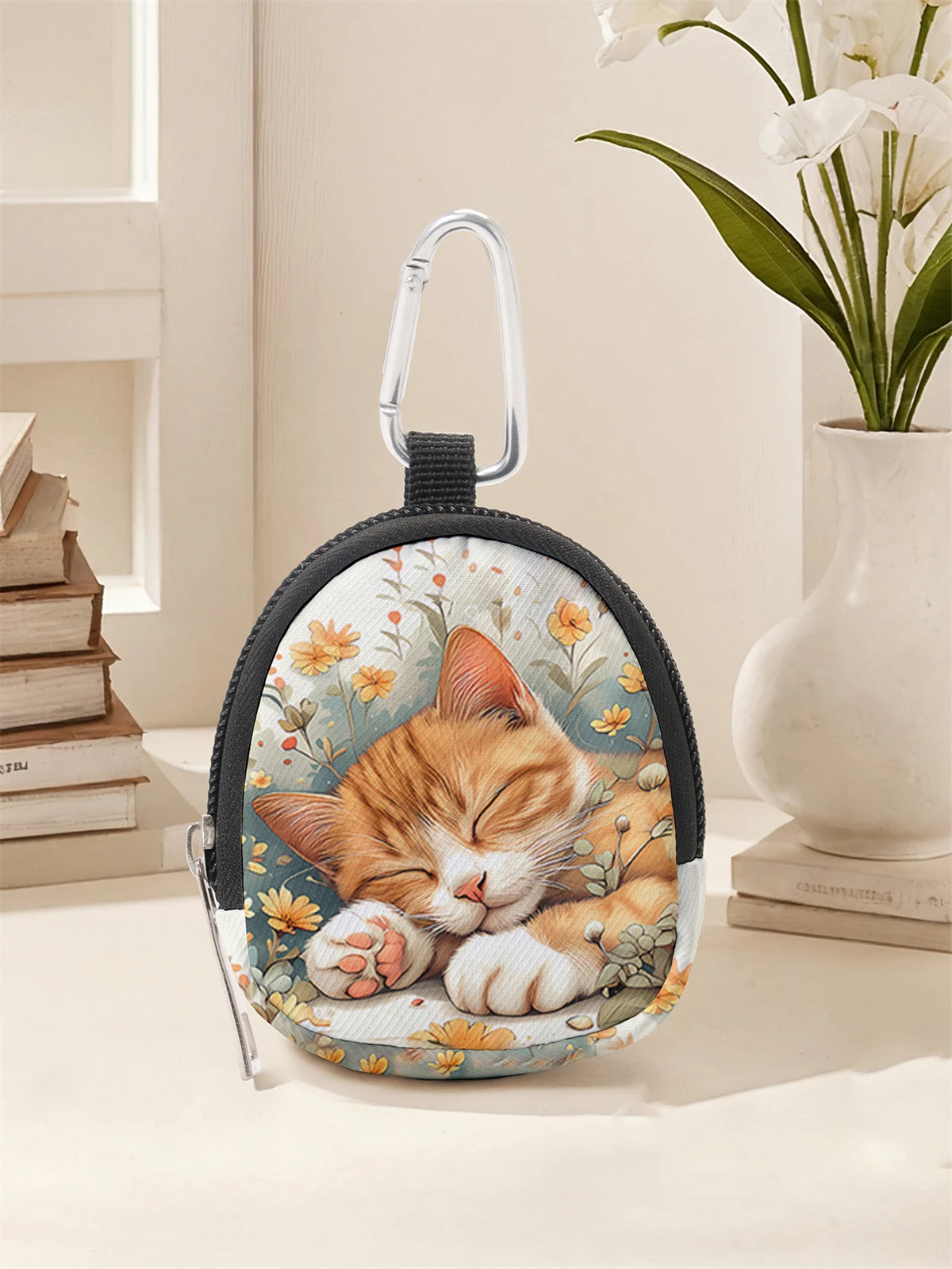 Cat pattern printed mini wallet, lightweight zipper change b
