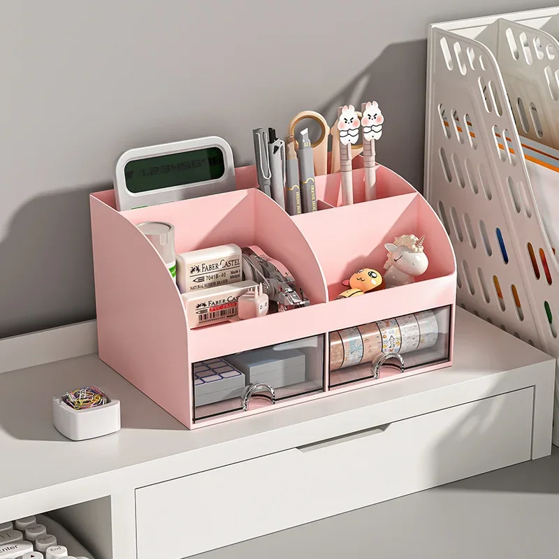 Clear Desktop Storage Box with Small Drawers for Office Supplies and Stationery Organization