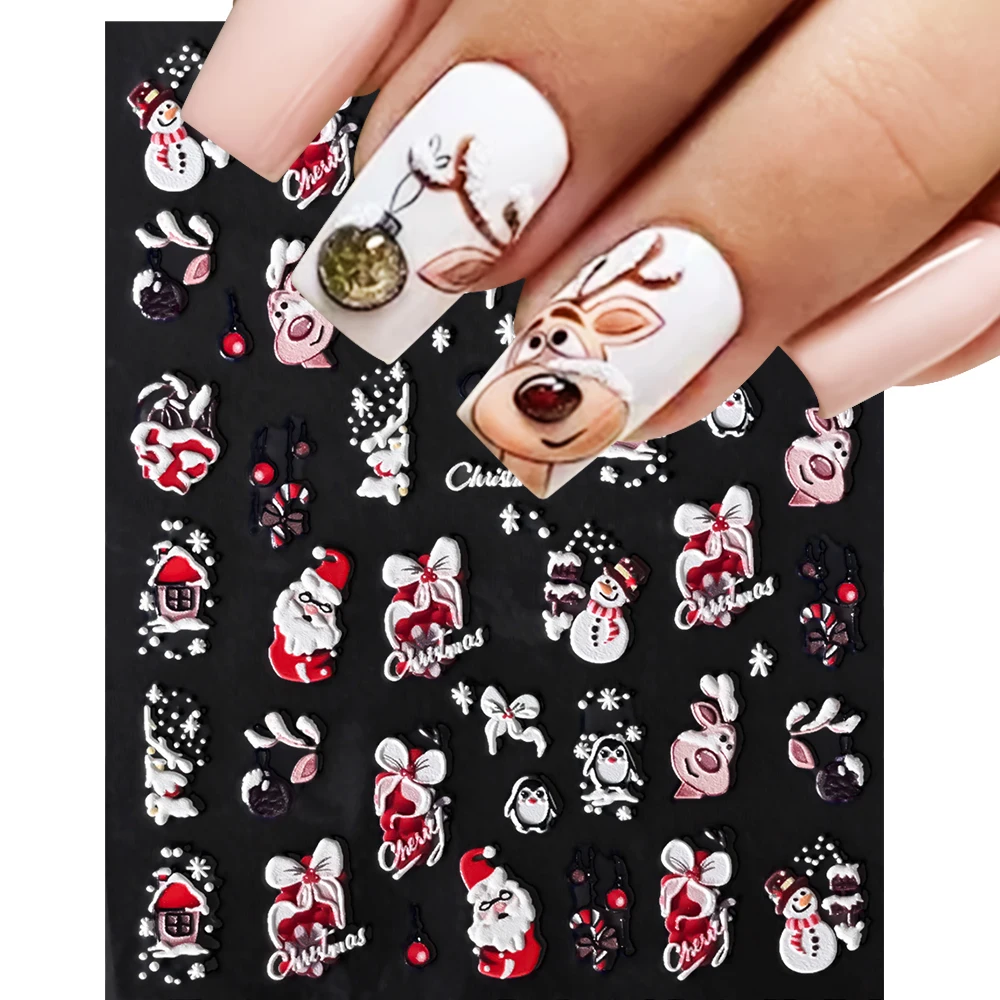 1pc 5D Embossed Santa Claus Elk Nail Art Stickers Christmas Cartoon Bear Snowman Tree Sliders New Year Xmas Manicure Decals