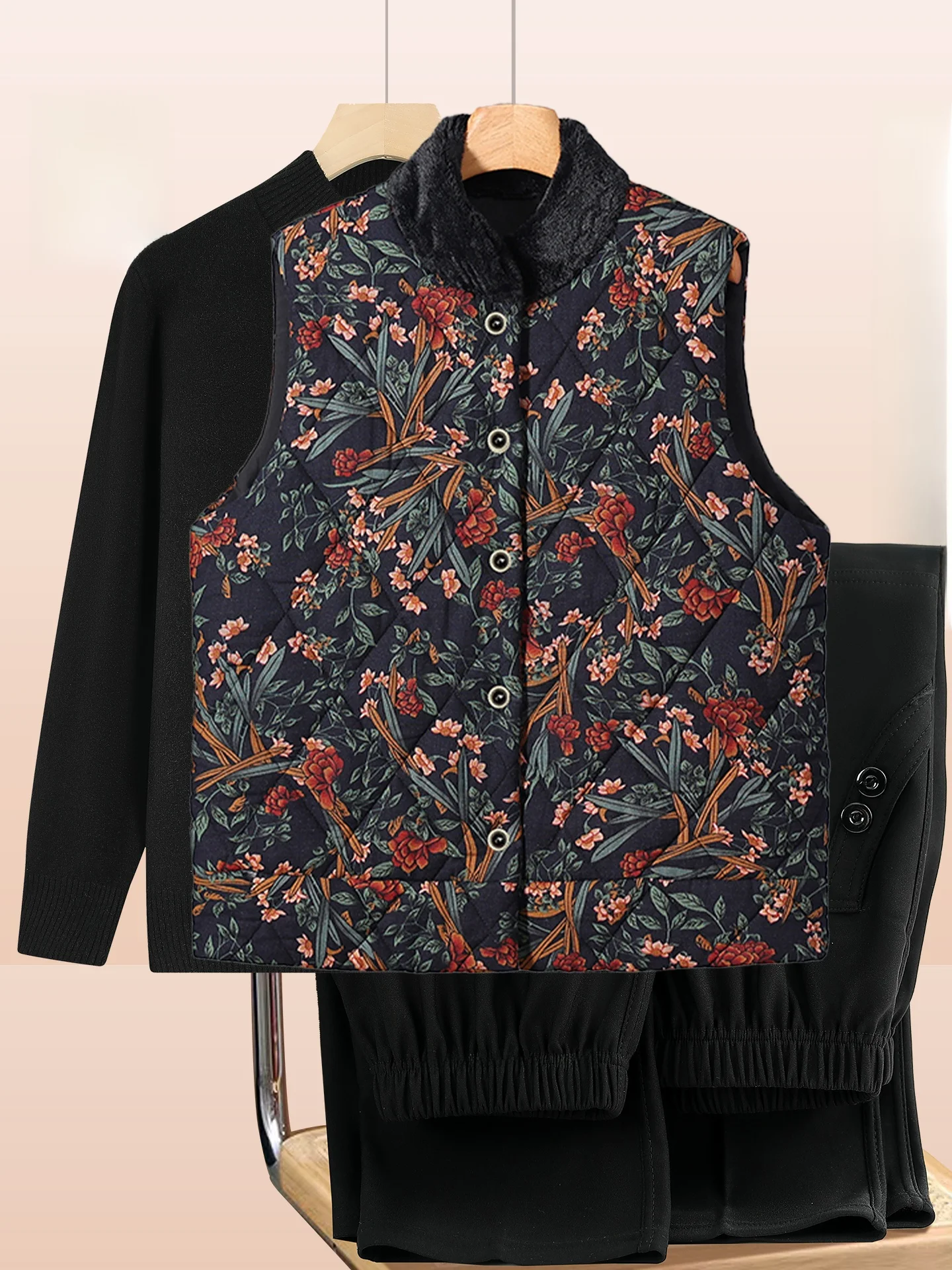 

Утепленный жилет с цветочным принтом для женщин, зимняя модная свободная верхняя одежда с длинными брюками и застежкой на одну пуговицу