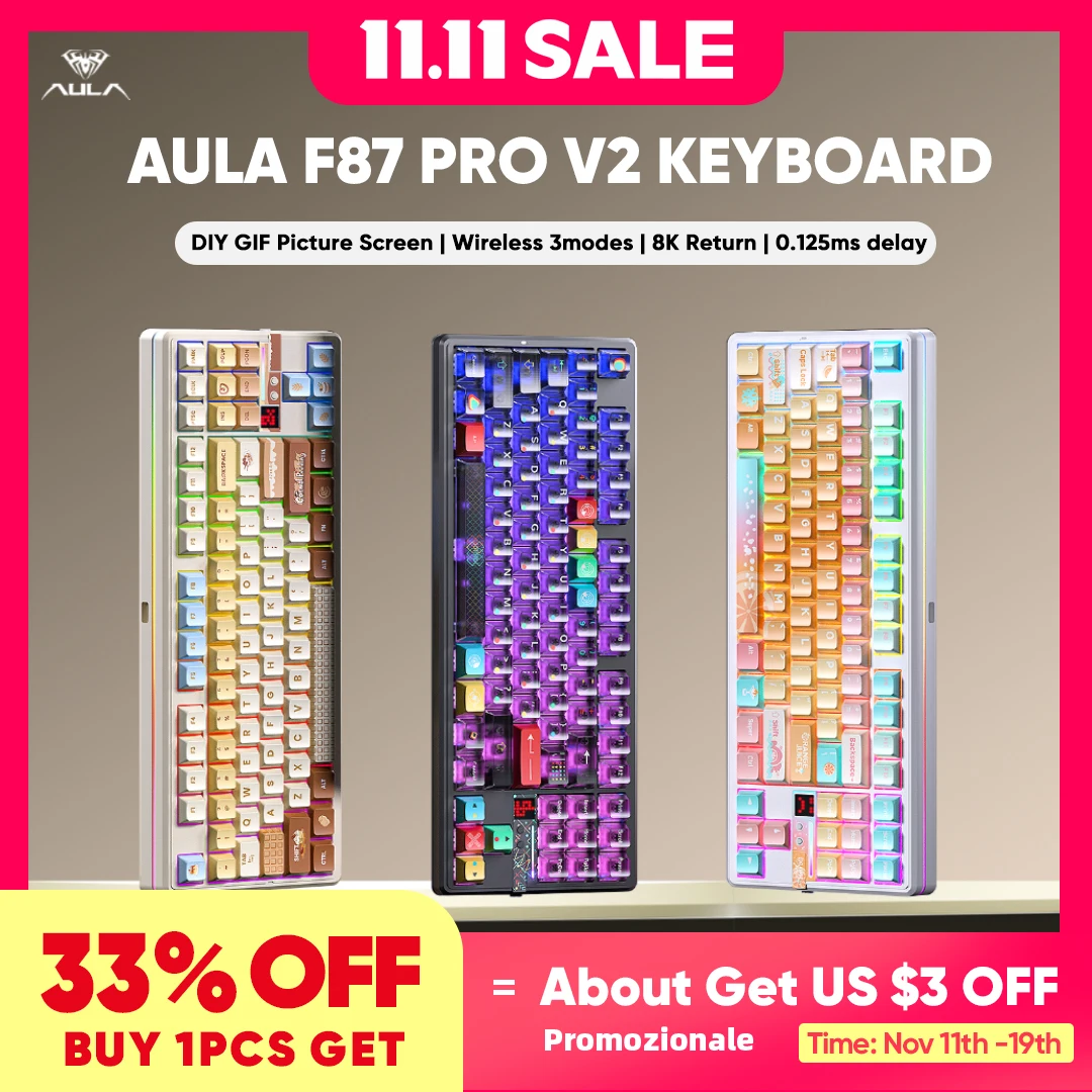 

AULA F87 Pro V2 Беспроводная игровая механическая клавиатура F87Pro V2 Bluetooth 2,4G Проводная RGB с возможностью горячей замены 8K Возврат 12000 мАч Геймерская клавиатура
