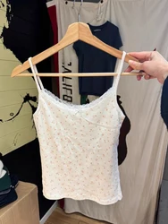 Floral Eyelet Sweet Tank Top for Woman Summer Bow Lace Trim Cotton Slim Camisole Female Casual Cute Preppy Style Crop Tops Y2k