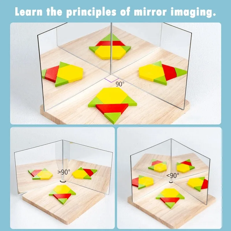 Montessori Mirror Puzzle Toy for Kids Wooden Early Educational Toys Logical Thinking Space Training Brain Game Travel Toy