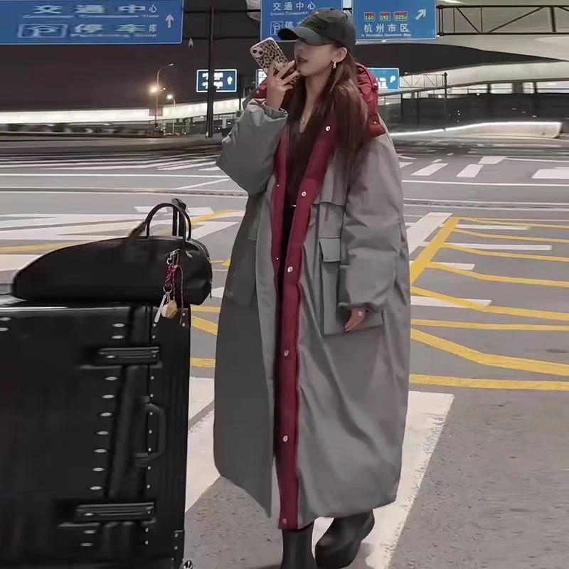 女性用ダウンジャケット 両面着用可能 韓国風パッド入りジャケット ロングルーズフード付き厚手ウィンドブレーカー 新しいダウンコート
