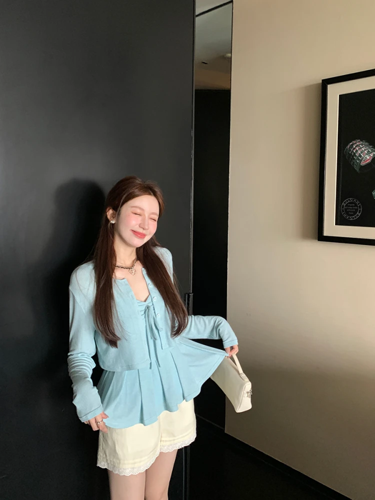 

Sweet Knitted Set High Waist Women's Sle YANUOYU Holiday Heart Long Sve round Ne Polyester Blend Breathable Summer