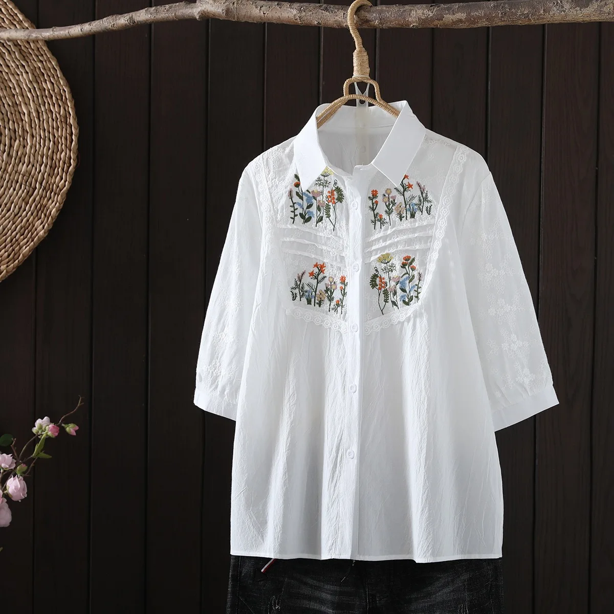 Plus size women\'s blouses and tops 2024 Mexican style ethnic turndown collar half sleeve white cotton embroidered shirts y2k to