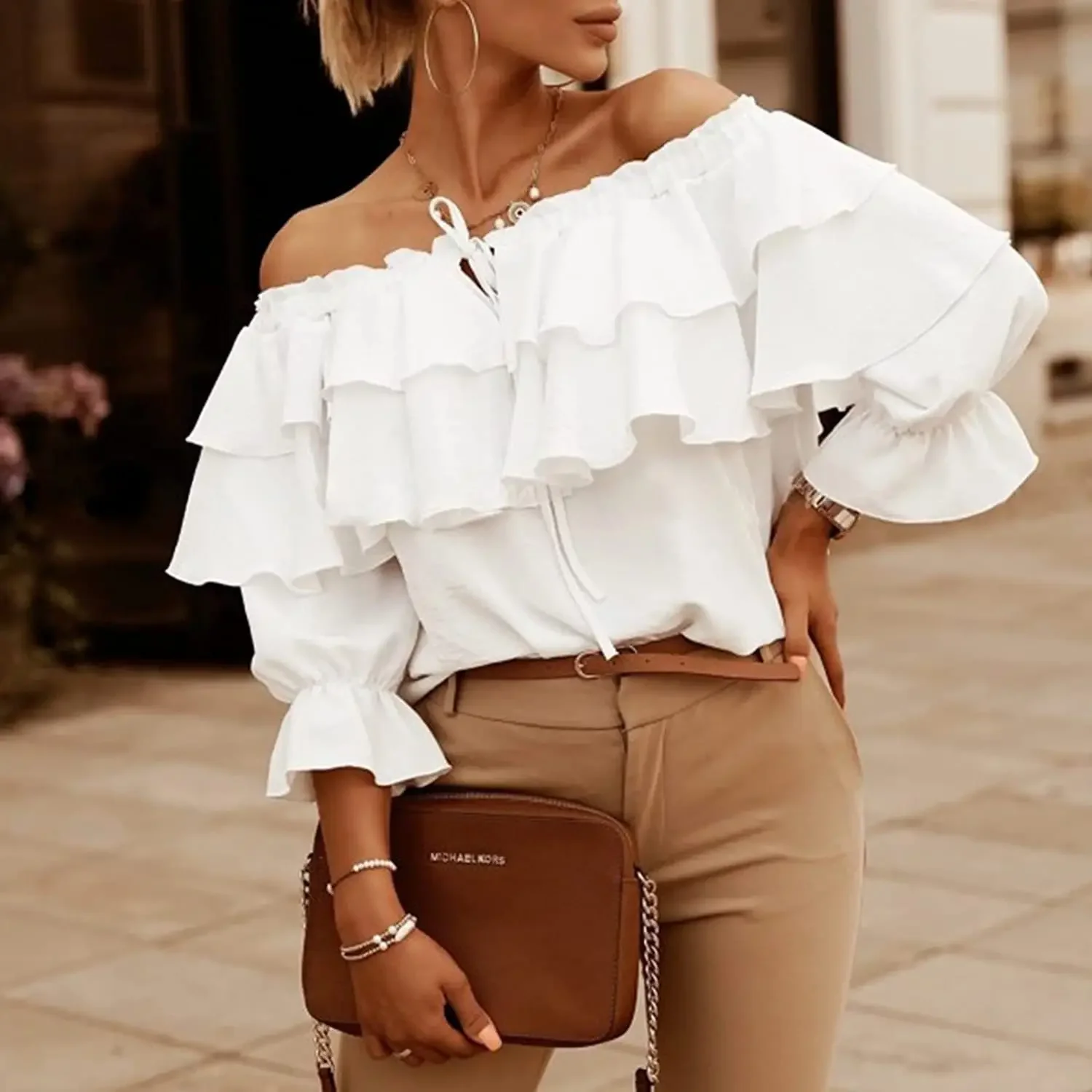 Elastic Shoulder Tied Lotus Leaf Top Blouses Off-Neck Chiffon Shirt Tops Women Casual Loose Long Sleeve Solid Tops