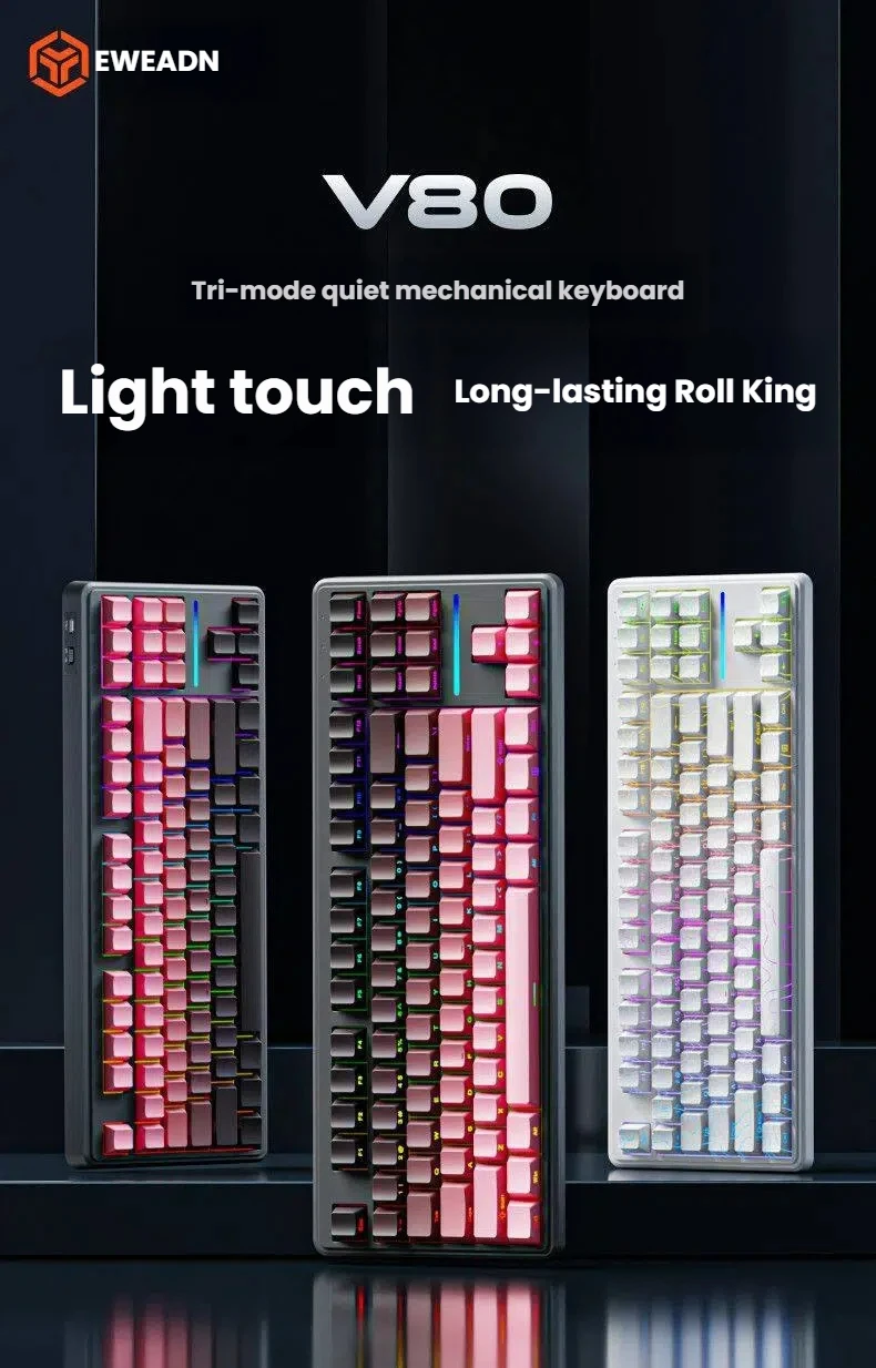 EWEADN V80 Wired and Wireless Keyboard Bluetooth Tri-mode Side-printed Mechanical Feel Computer RGB Office Gaming