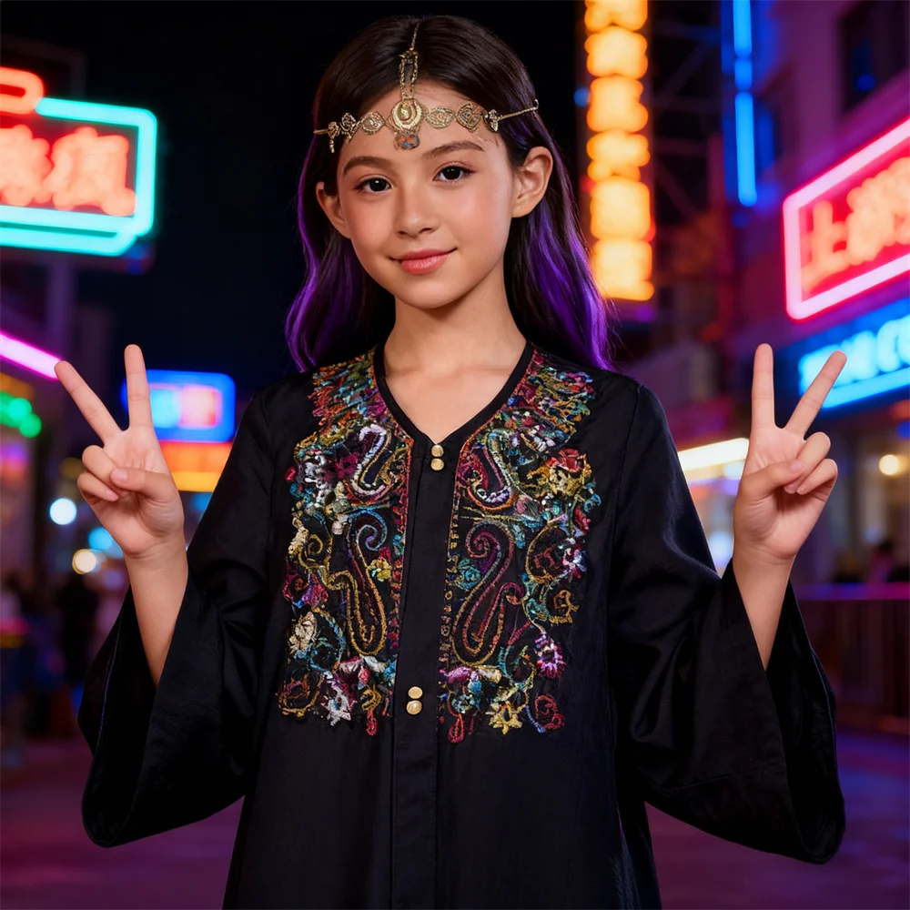 

Мусульманское платье макси для девочек, детский арабский халат, марокко, кафтан, Ид Джеллаба, Рамадан, исламская одежда, детская Абая, Дубай, кафтан Джалабия