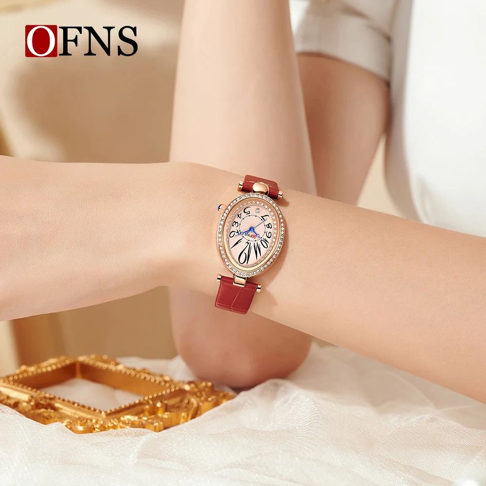 OFNS جديد 1540 ساعة كوارتز نسائية عصرية ريترو ستايل الماس مطعمة البيضاوي مقاوم للماء ساعة كوارتز نسائية 2025