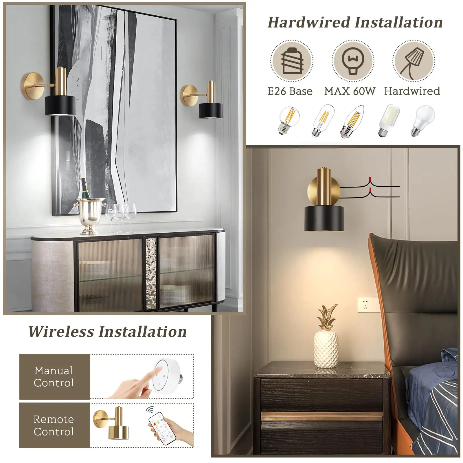 Battery Operated Wall Sconces Set of 2, Modern Wireless Black Wall Lights Fixtures,Cordless Wall lamp with Memory Function