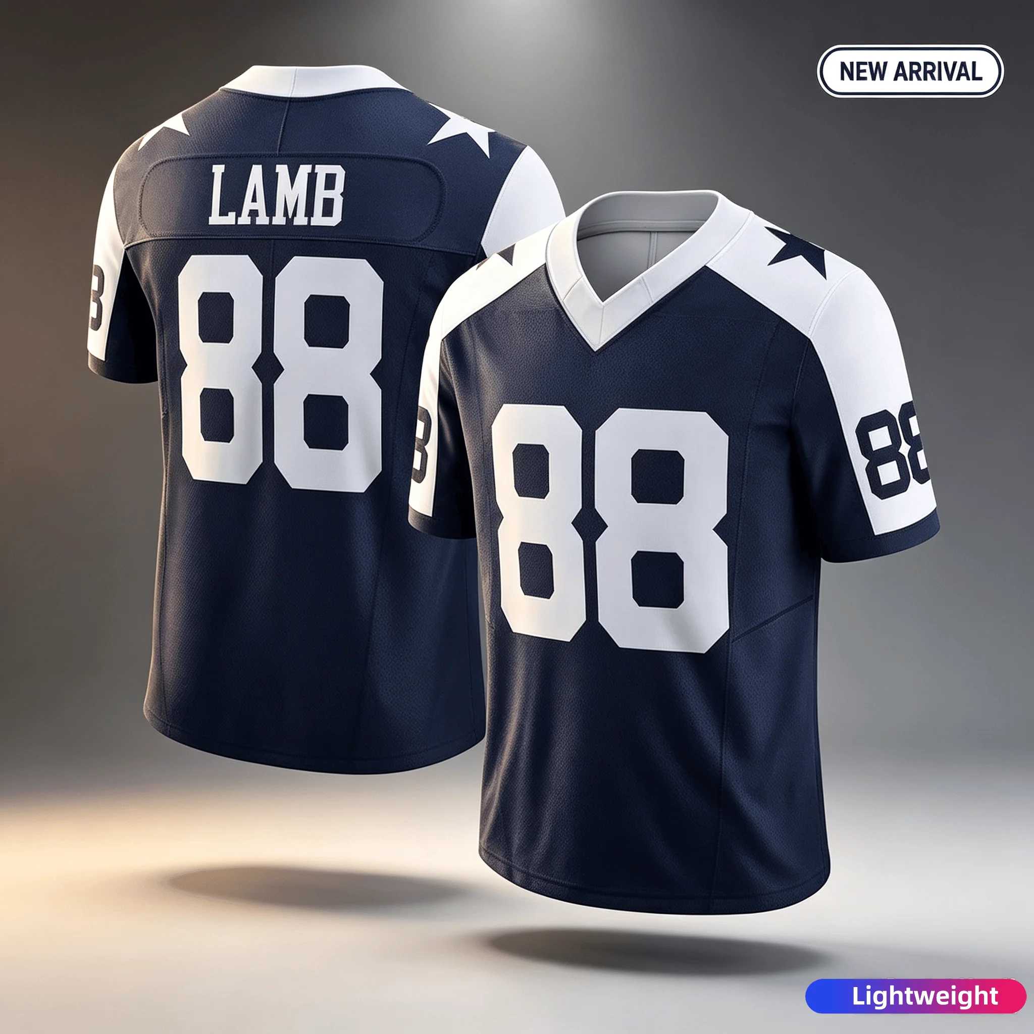 Männer Dallas # 88 CeeDee Lamb Navy Heimtrikot mit Name und Nummer, V-Ausschnitt, Kurzarm, atmungsaktiv, für Fans, Sport, Alltag, Familienoutfit. – Detail 5