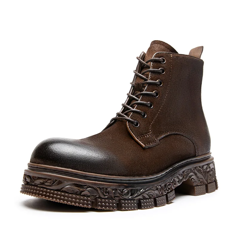 Botas masculinas de couro de sola grossa com zíper, estilo retrô de motocicleta, americana