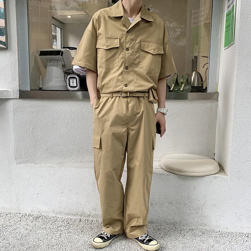 Male Fashion with Leather Belt Bag Men Cargo Overalls Streetwear Korean Rompers Pockets Short Sleeve Button Jumpsuits Women Men