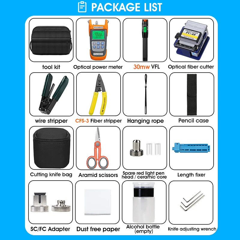 COMPTYCO 21PCS FTTH Fiber Optic Tool Kit OPM G710A Fiber Optica Power Meter with FC-6S Fiber Cleaver 10mW Visual Fault Locator