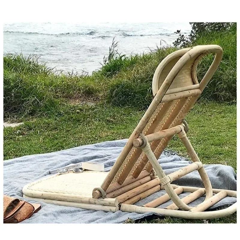Rattan Woven Beach Chair, Tatami Seat, Portable Outdoor Rattan Chair, Multifunctional Folding Lounge, Camping Furnishings