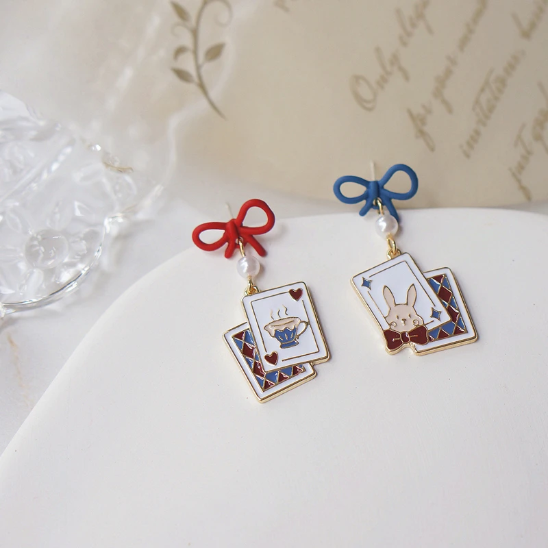 Asymmetric Unique Design Red and Blue Contrast Bow Clip Earrings Summer Alice Poker Cup Rabbit Clip on Earrings Without Piercing