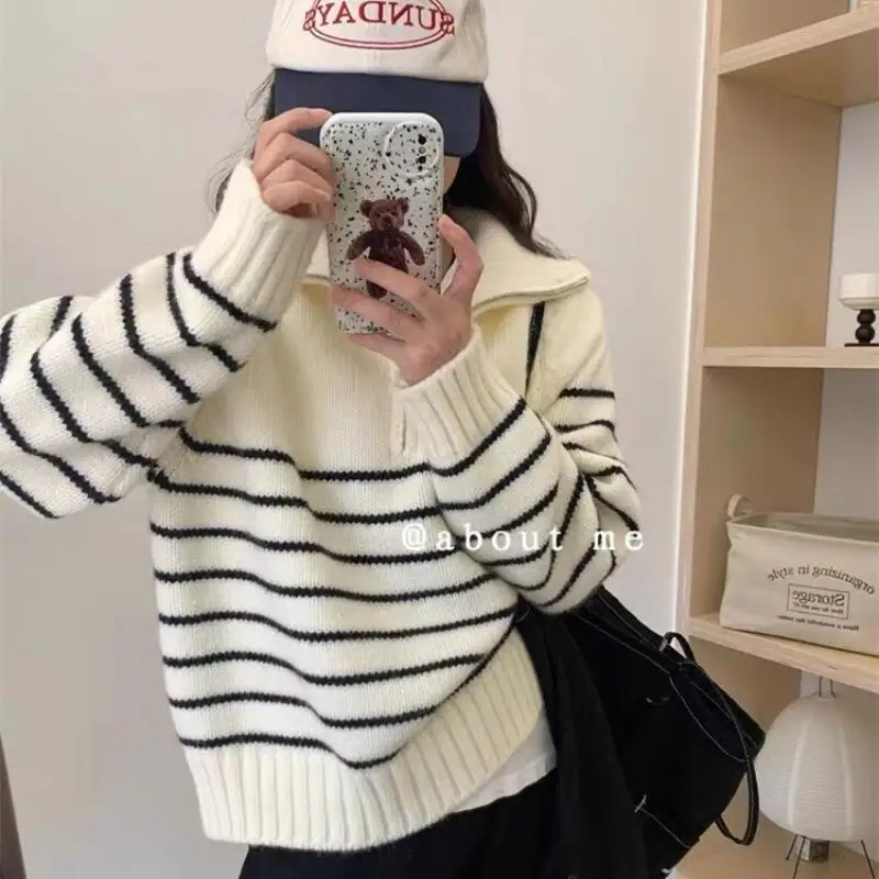

Girl's Thicken Sweater Cardigan Knitwear Pullover Long Sleeves Coat Top Preppy Style Half-Zip Stripe Lapel Loose Autumn Winter