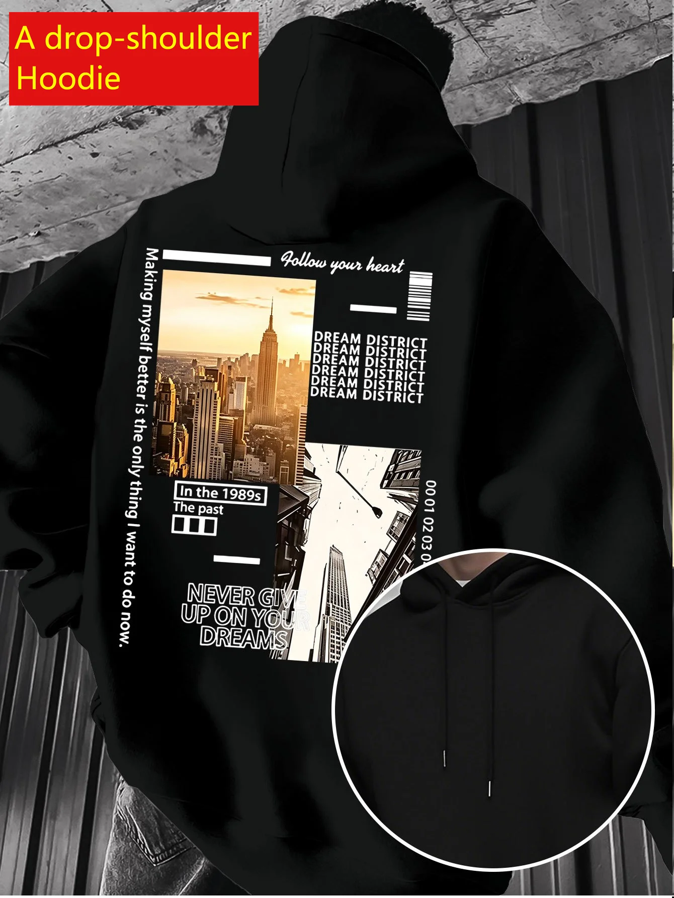 City Building Collage Letter Print Drop Shoulder Hoodie Men American Vintage Streetwear Pullover Sweatshirt Pullover Hoodie