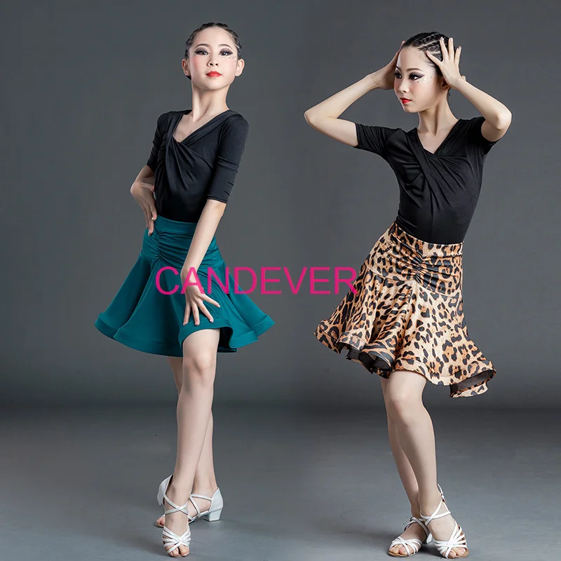 مثير اللاتينية ملابس رقص للفتيات قاعة الرقص السالسا التانغو أعلى التنانير الاطفال الطفل الدانتيل ليوبارد اللاتينية الرقص سبليت فستان يوتار تنورة