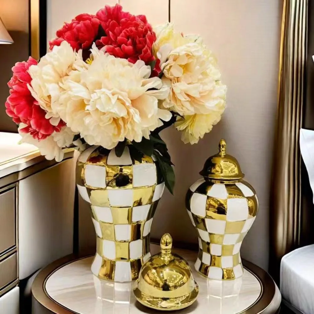 Ceramic Checkmate Jar Ginger Jar Geometric Gold Check Flower Vase Decorative Porcelain Vase Storage Tank Home Decoration