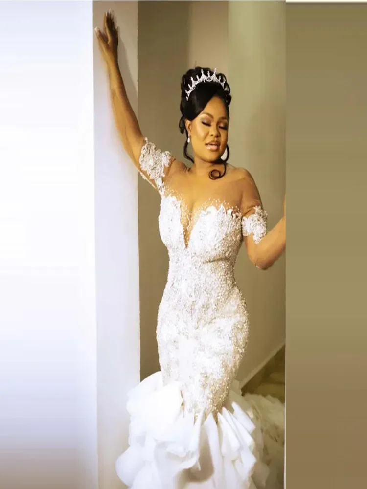 Customized Off The Shoulder Mermaid Wedding Dresses Short Sleeves Appliques Beaded Plus Size Cascading Ruffles Vestidos image 4