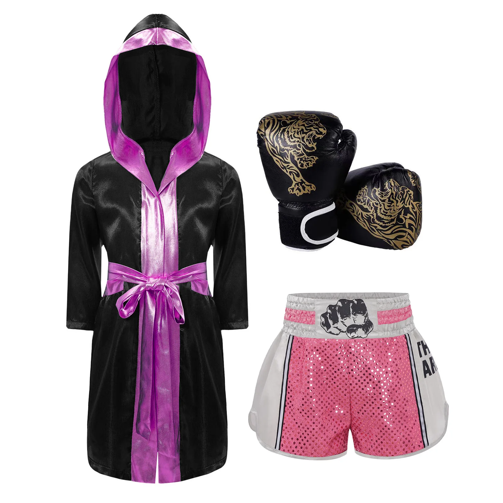 الملاكمة الزي زي الهالوين التأثيري كم طويل معدني تقليم الساتان مقنعين رداء مع حزام الترتر سراويل الملاكمة والقفازات #1