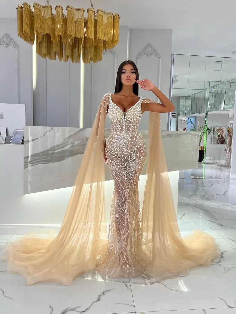 Sexy Mermaid Evening Dresses Sleeveless V Neck Appliques Straps Capes 3D Lace Hollow Pearls Beads ZipperProm Dresses Custom Made