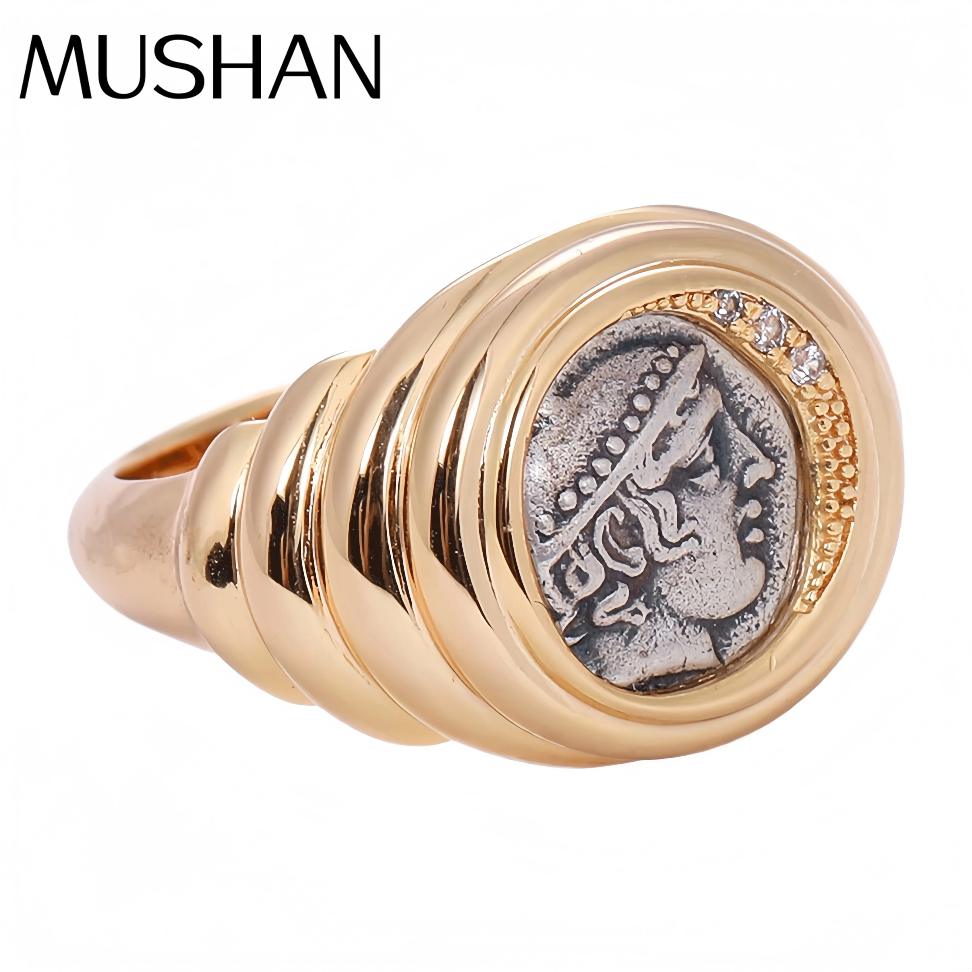 

Роскошный бренд Mushan, греческий торговец, Бог Гермес, кольцо с древней монетой, позолоченные 18 карат, кольца из стерлингового серебра 925 пробы, ювелирные изделия