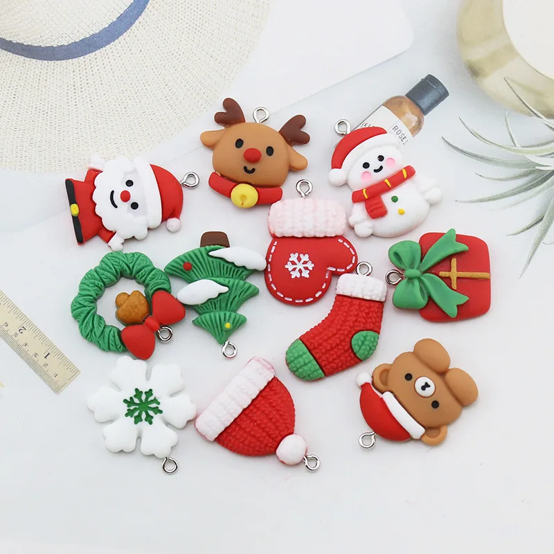 20 Pcs/Lot Creative Resin Xmas Tree Santa Claus Charms Accessories Decor Charm Connectors Diy Ornament Jewelry Findings Making