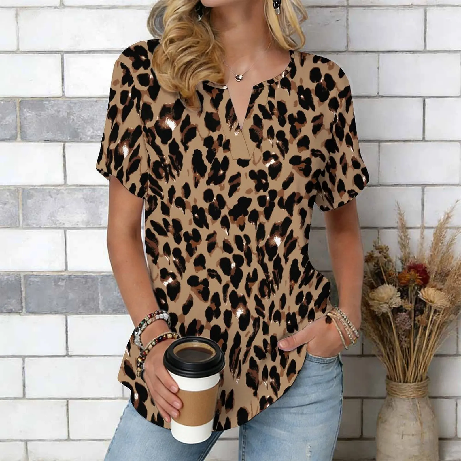 Women Print Notched V Neck Short Sleeve Casual Loose Tunic Tops