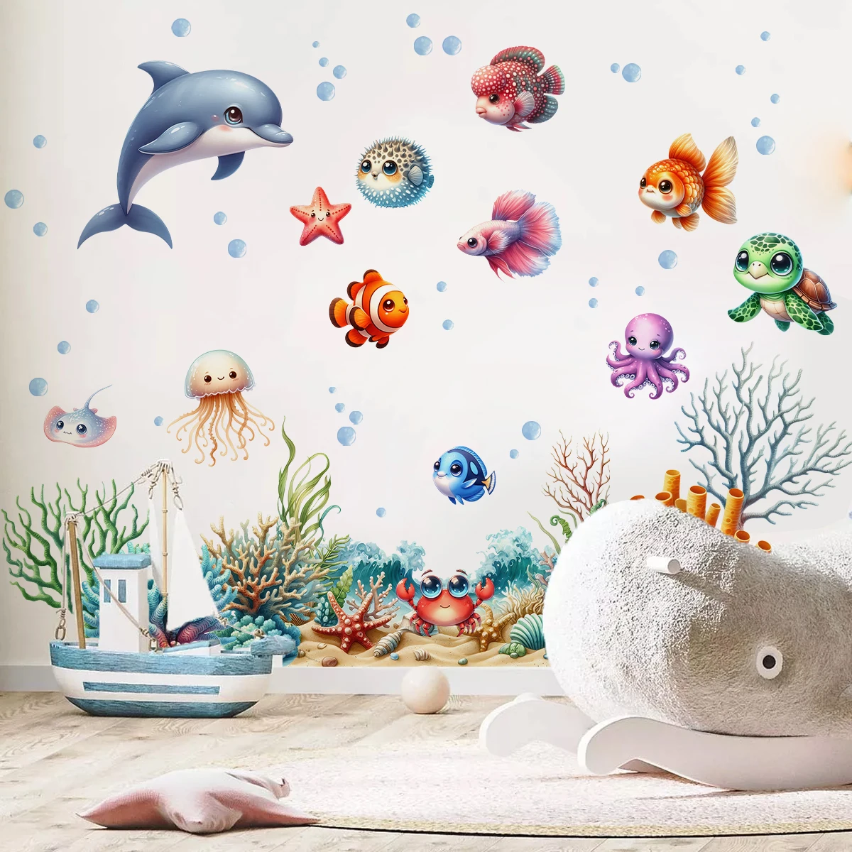 

Cartoon 3D Coral Marine Life Dolphin Clownfish Watercolor Wall Sticker Child Room Wall Art Decal Kids Room Bedroom Living Decor