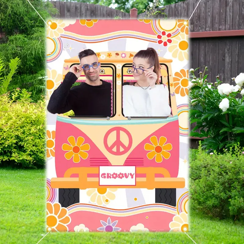 1.5 * 1M Hippie Bus Photo Props Groovy Party Decoration Background Cloth Retro Daisy Birthday Party Decoration