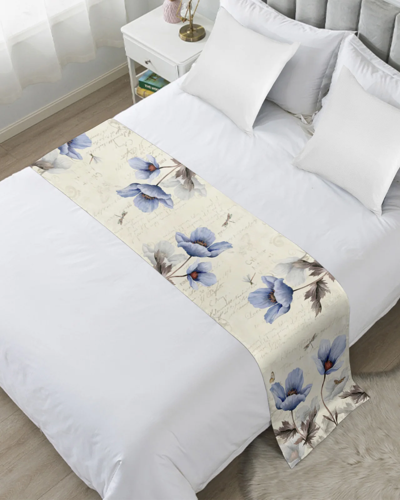 

Vintage Flower Blue Butterfly Dragonfly Soft Bed Runner Home Hotel Table Decor Bed Flag Wedding Bedroom Bed Tail Towel