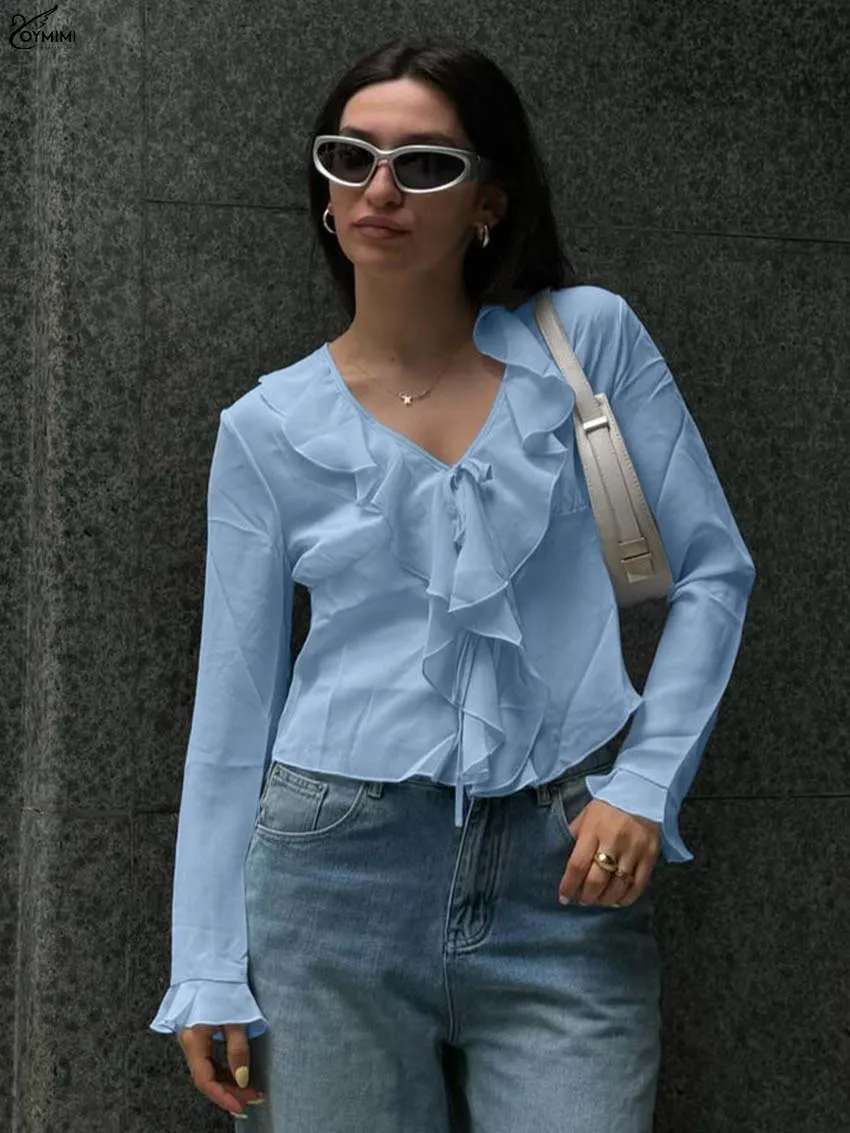 Oymimi Fashion Blue V-Neck Woman Blouses Autumn Casual Long Sleeve Ruffled Solid Blouses Elegant Lace-Up Slim Blouse Streetwear