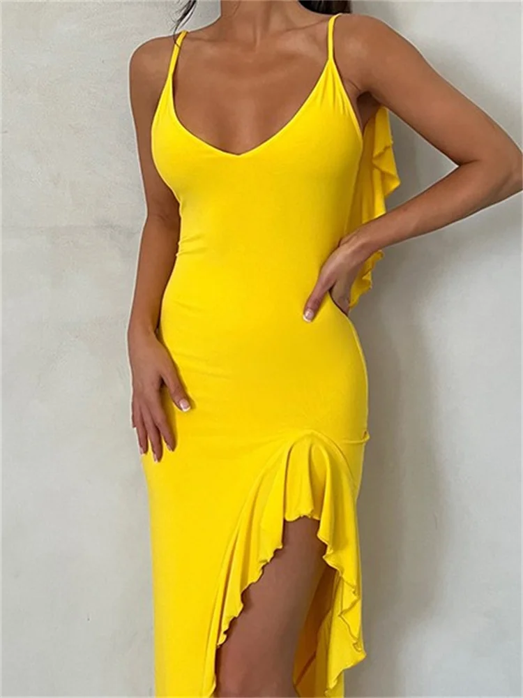 CHRONSTYLE Women Spaghetti Strap Backless Ruffles Long Dress Sexy Slim Fit V Neck Sleeveless Strap Ruched Beach Dresses Vestidos