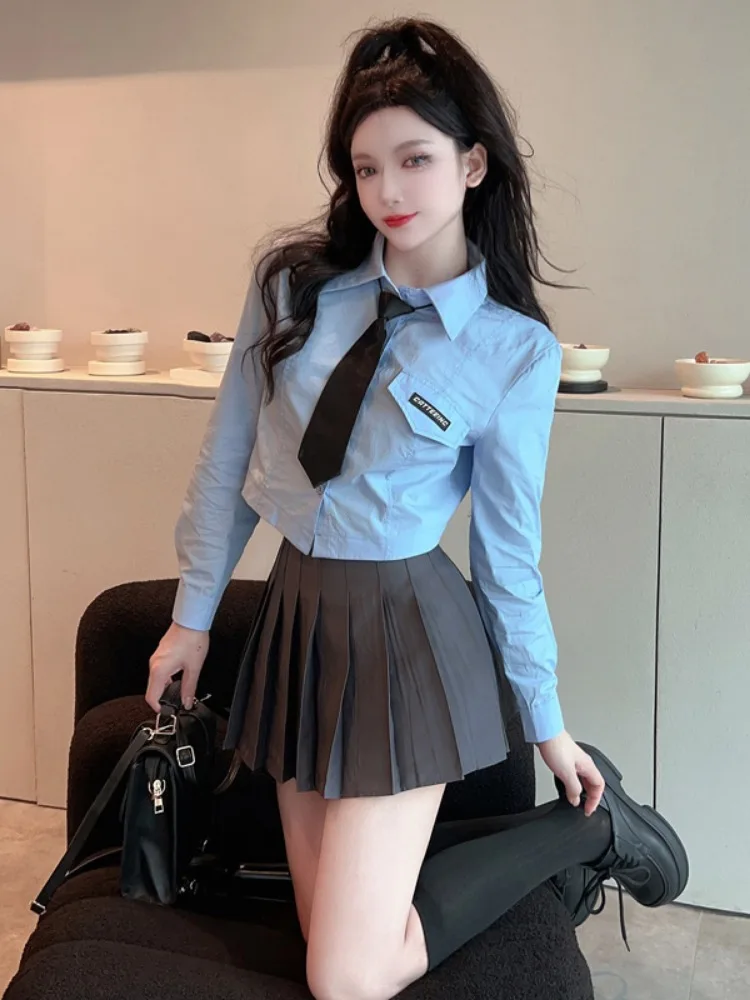 

Slim Fit Shirt Short Sleeve Long Sleeve Pleated Skirt Uniform Set for Young Women College Style Autumn Spring Fashion Set